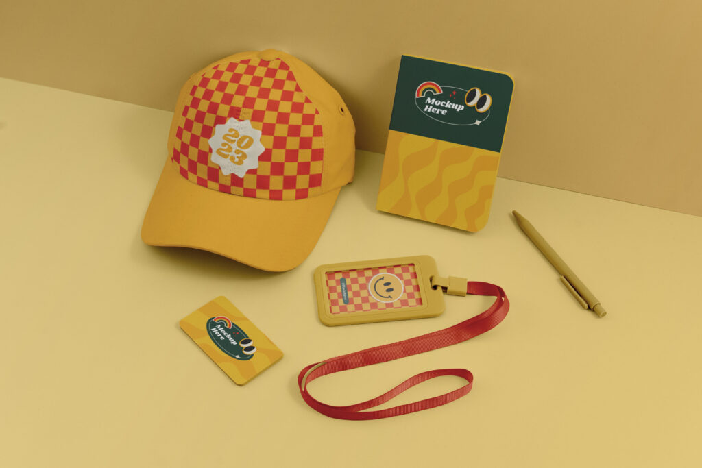 Coleção de objetos representando lembrancinhas personalizadas em um âmbito institucional.