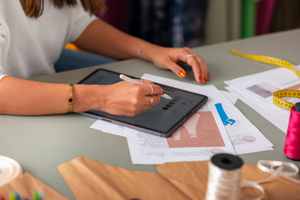 Mulher elaborando estratégias para construir uma identidade de marca de moda forte, engajando clientes e criando fãs leais.