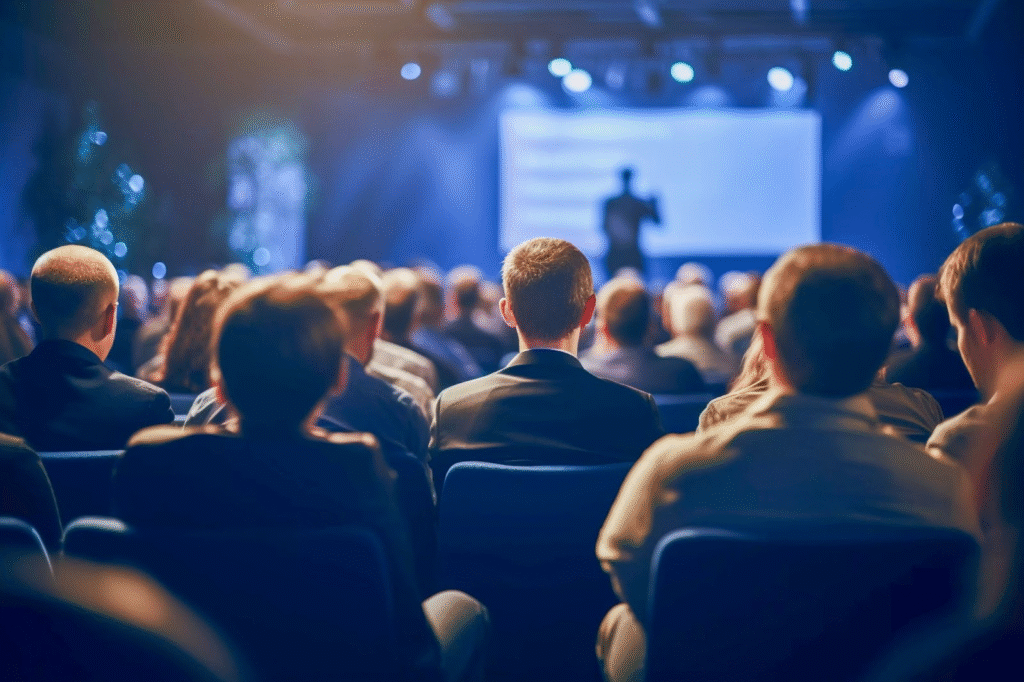 Evento corporativo bem-sucedido, ilustrando a organização de eventos com uma atmosfera envolvente e bem planejada.